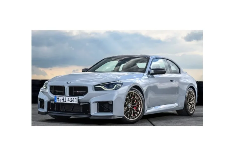 2026 BMW M2 CS in Portimão Blue with carbon-fiber rear spoiler, aggressive front design, and track-ready performance, perfect for US driving.