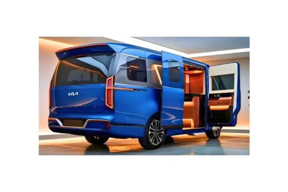 2026 Kia Camper Van electric adventure vehicle parked in scenic wilderness, showcasing modular interior and off-grid capabilities
