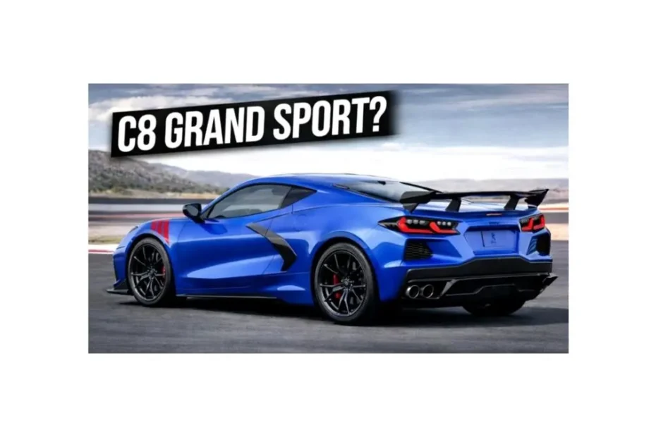 C8 Corvette Grand Sport on a scenic USA highway, mid-engine V8 muscle car in motion