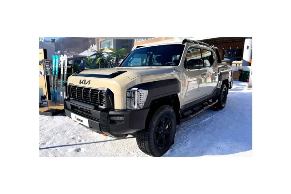 Kia pickup truck Tasman 2026 model front view on road with modern design and off-road stance